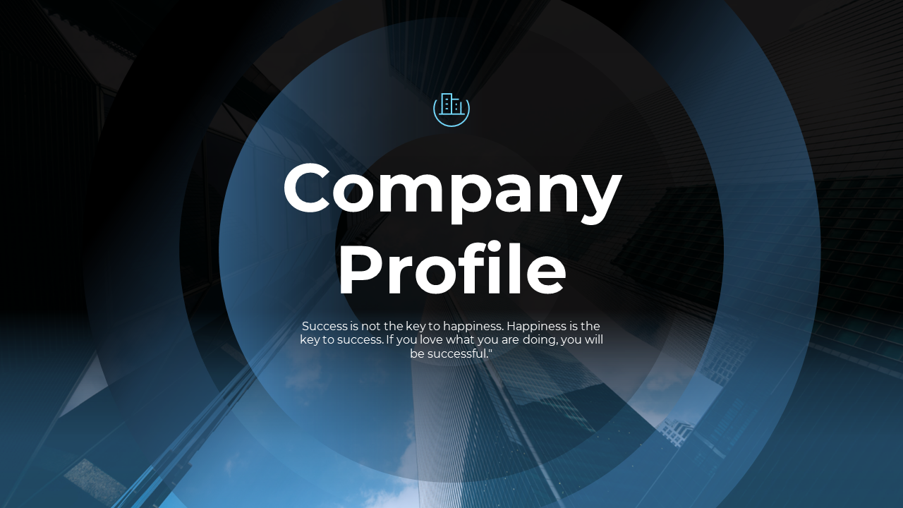 Company profile slides with a sleek blue and black design, featuring sections like vision, values, and financial performance.