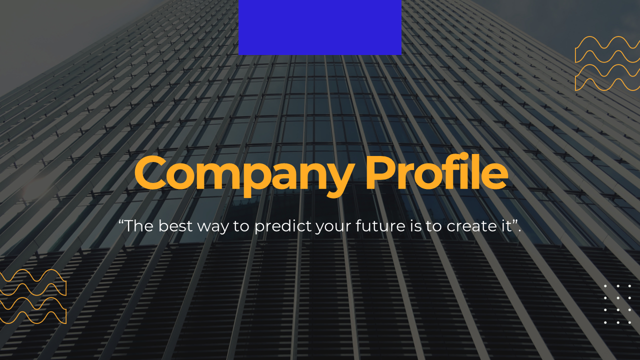 Slide deck for company profile, combining skyscraper imagery, charts, in bold orange and blue design accents.