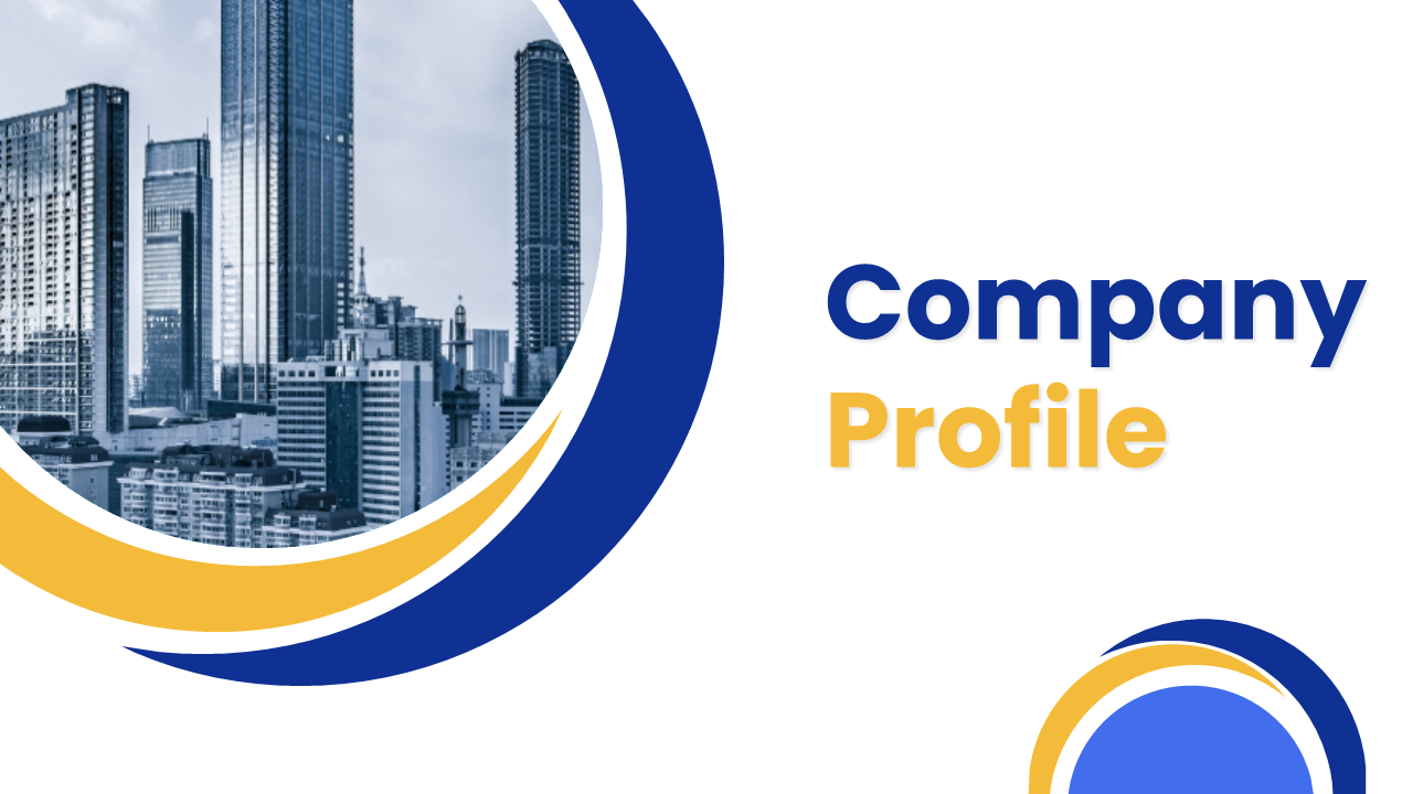 Company profile template with blue and yellow accents, featuring structured sections and circular image placeholders.