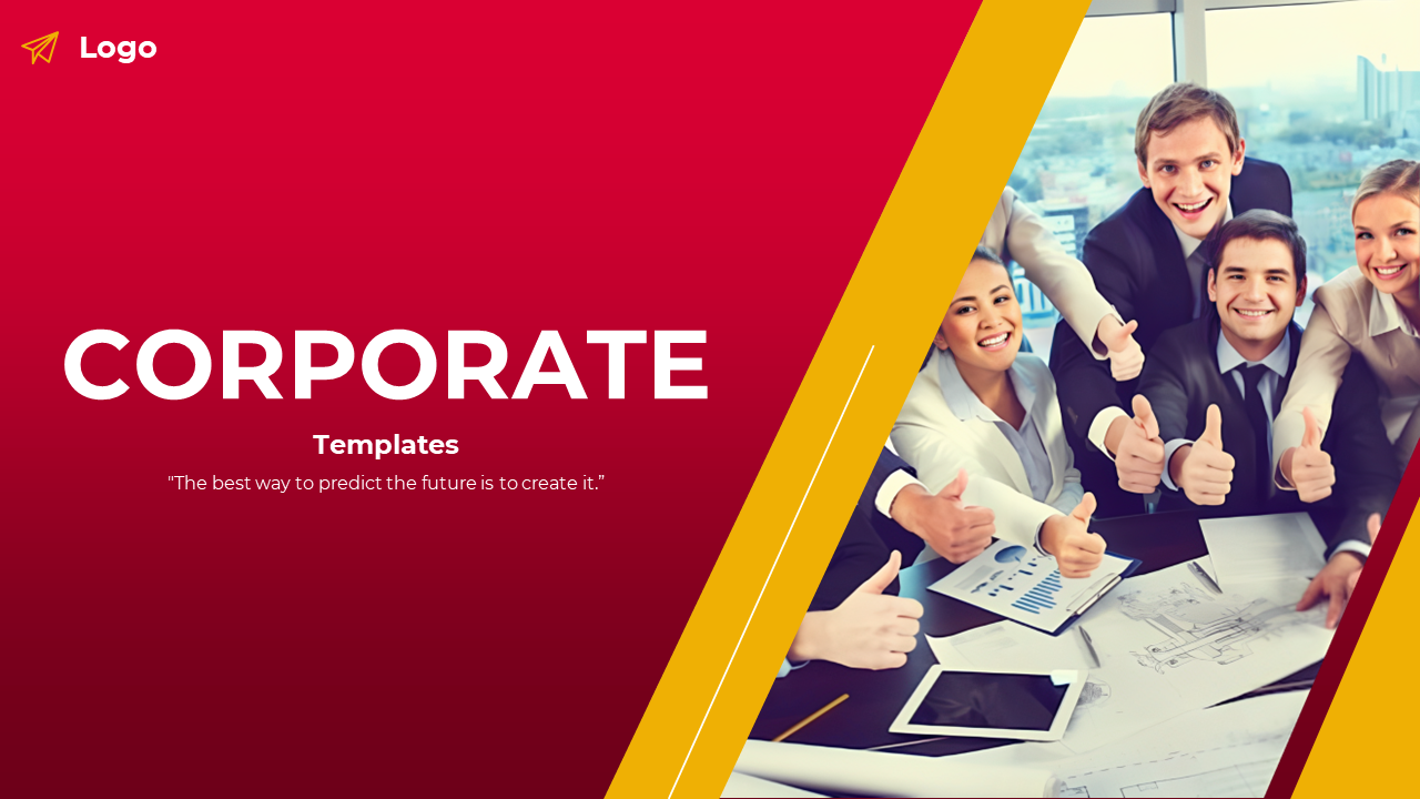 Modern corporate slide deck design with red and yellow elements, covering mission, portfolio, market presence, and financial performance.