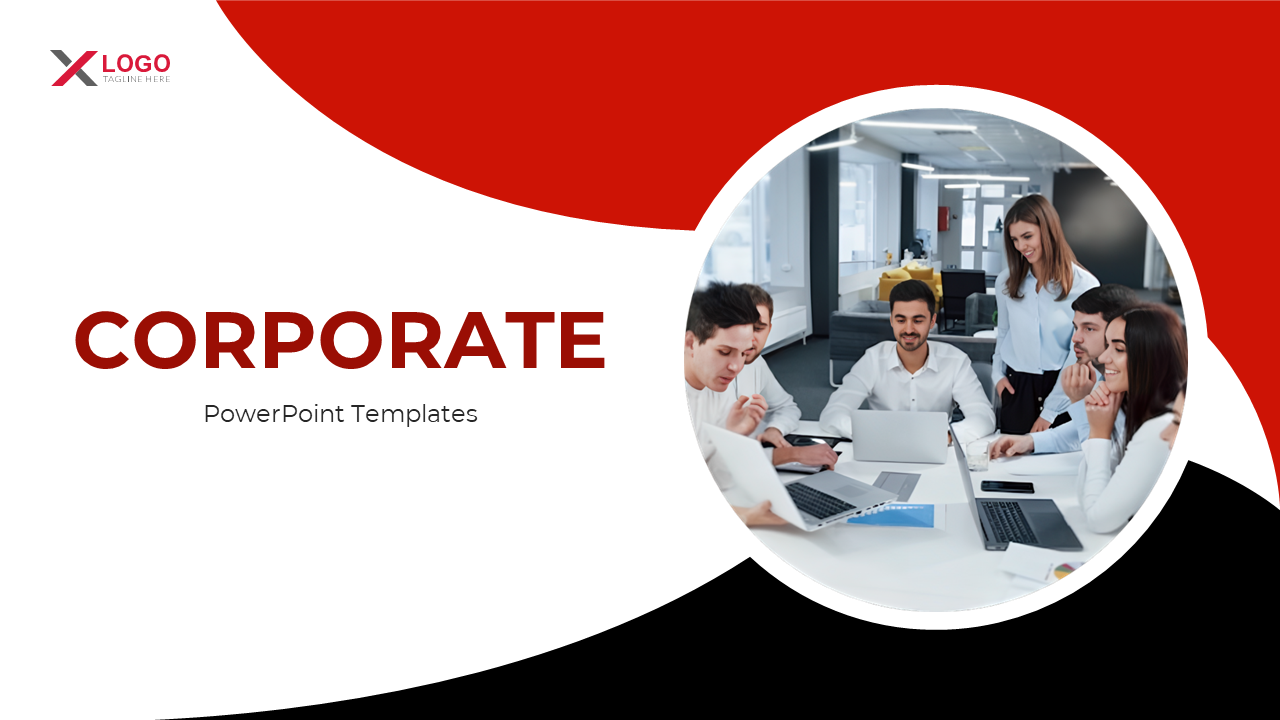 Corporate slide deck with red, black, and white theme, featuring team visuals, charts, and business content.