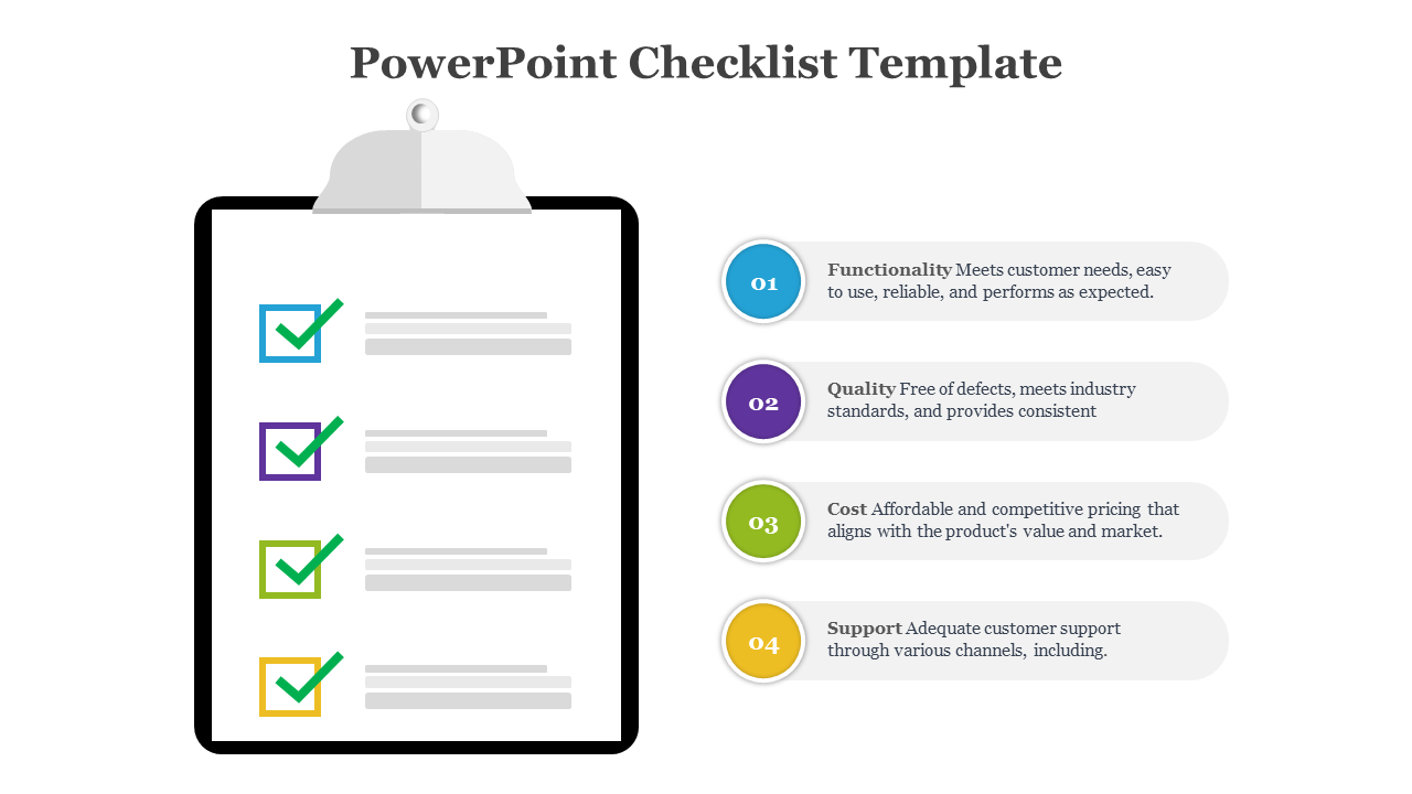 Checklist slides with checkmarks, color coded steps, and clipboards displayed in varied layouts and orientations.