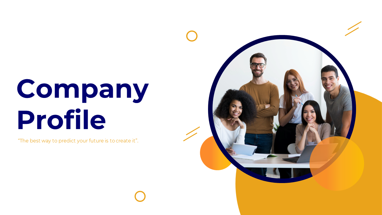 Company profile slide deck with clean visuals, circular graphics, and content sections featuring orange and blue accents.