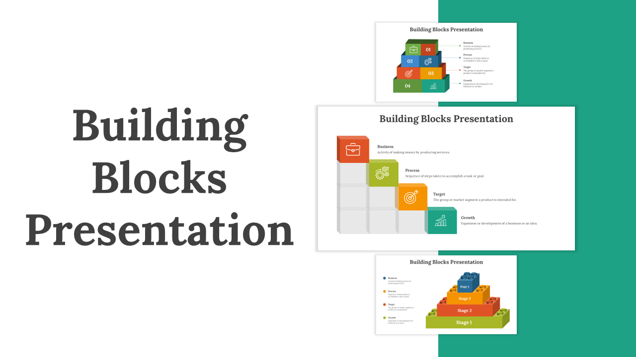 Slide deck showing stacked building blocks labeled with business concepts like process, target, and growth.