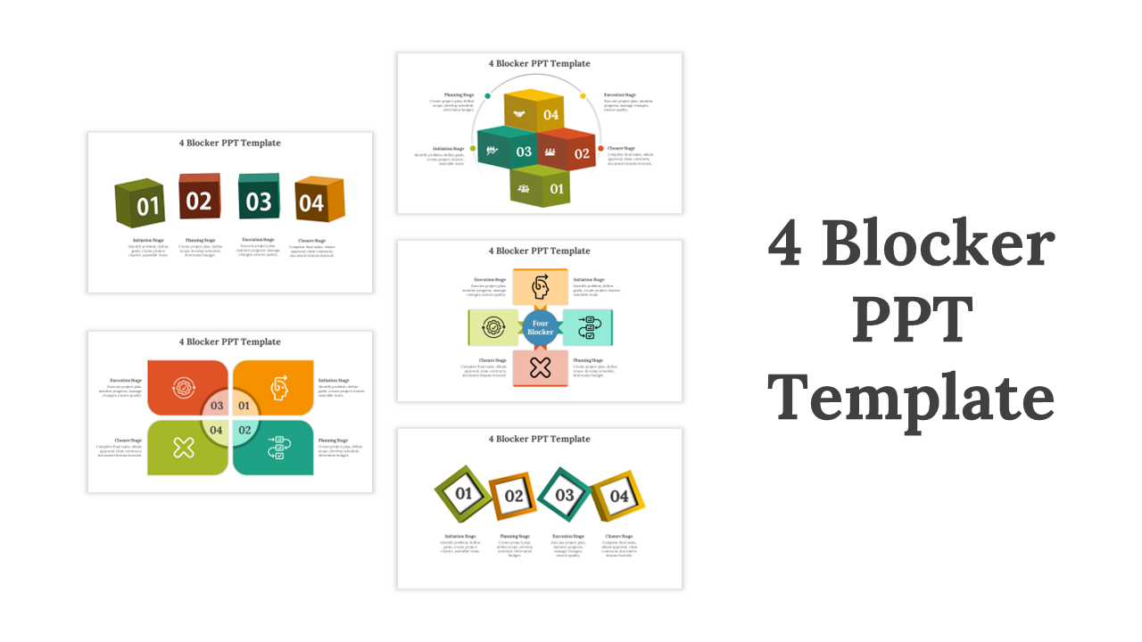 Slide deck featuring multiple 4 block templates in different shapes and layouts, each with colored blocks and icons.