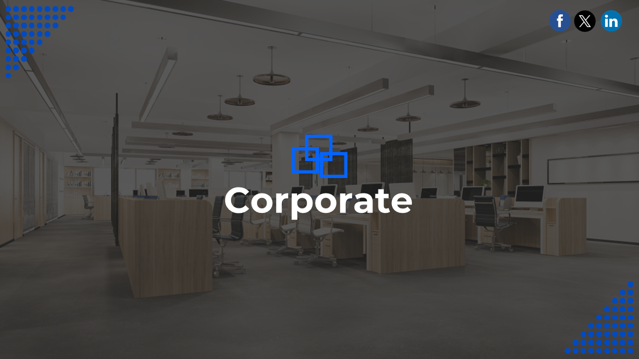 Set of professional corporate slides with a sleek office design, company overview, and market insights.