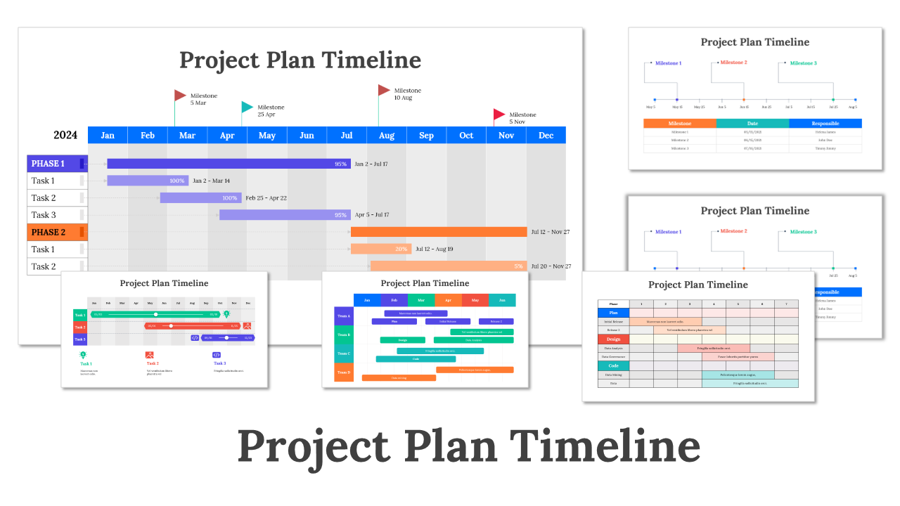 Slide deck with multiple project plan timelines featuring color coded bars across months, tasks, and deliverables.