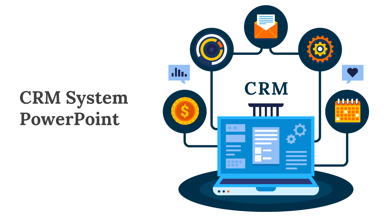 Slide deck explaining CRM system structure, showing various software options connected to customer and sales management.