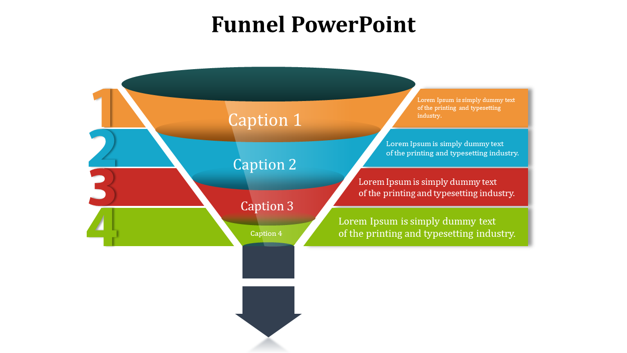 Funnel diagram slide for presentations, showcasing four labeled levels with placeholder text in colored segments.