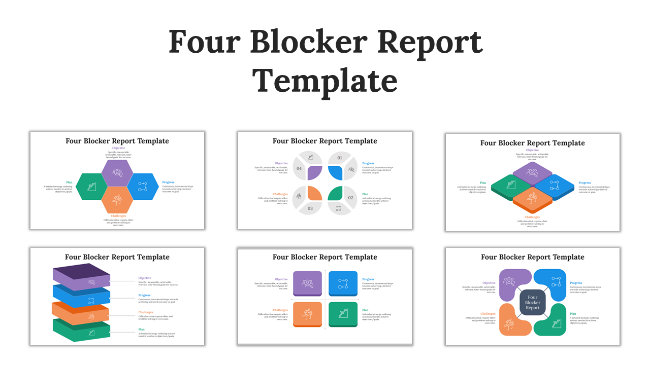 Collection of slides with four blocker report templates, using colorful hexagons, stacked blocks, and circular layouts.