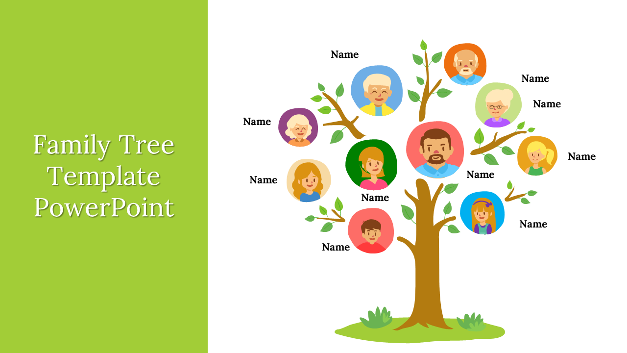 PowerPoint family tree slides with colorful illustrations of family members on a tree diagram layout.