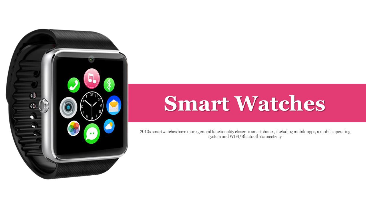 Smartwatch slide deck shown with multiple apps on-screen, positioned beside a pink  watches title banner.