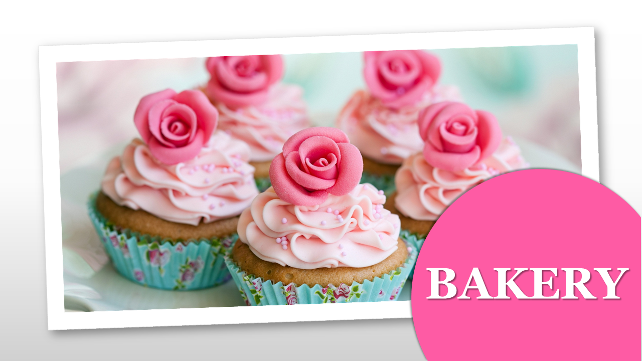 Pink themed bakery slide pack with images of colorful cupcakes, cakes, and product categories for sales and promotions.