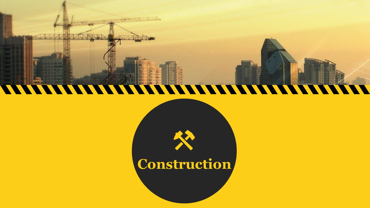 Silhouette of buildings and construction slide deck cranes at sunset, with a yellow section below displaying a hammer icon.