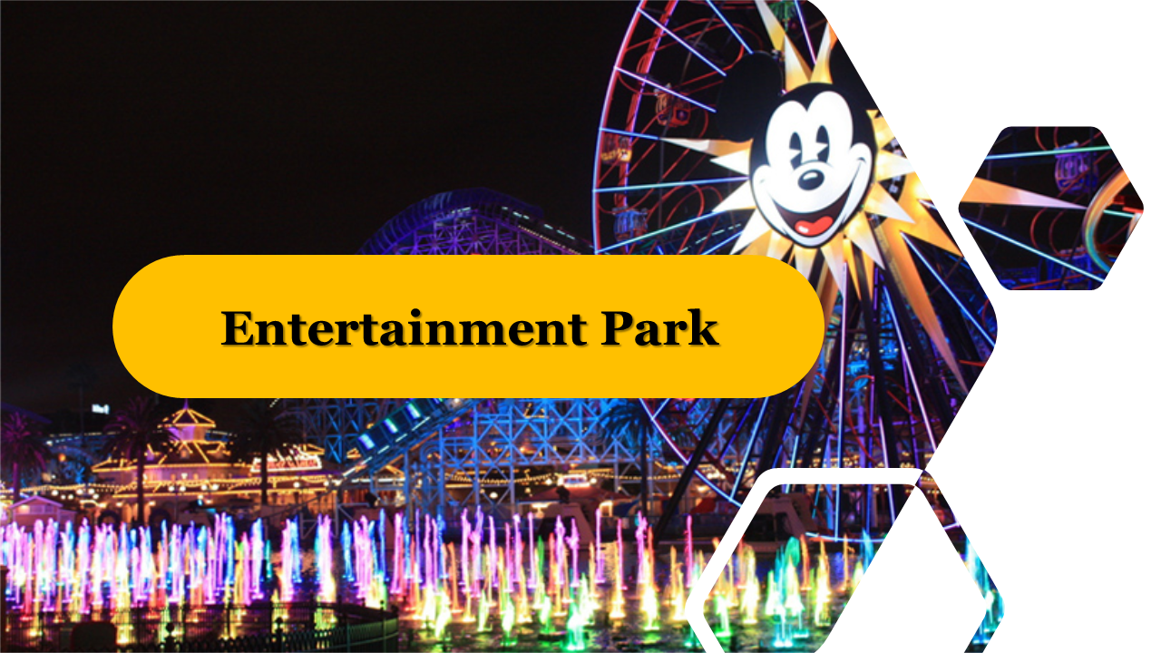 Slides showcasing an entertainment park with information about facilities and functions with images and text descriptions.