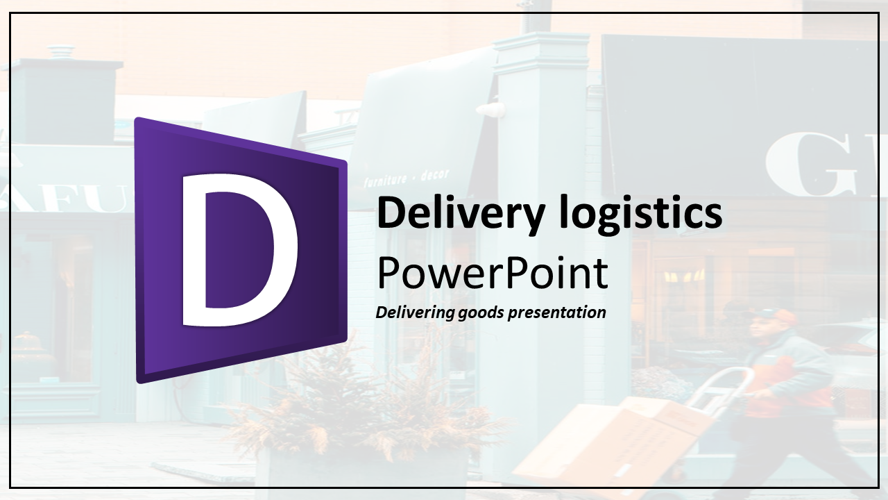 Logistics slide deck with icons, flowcharts, world map and pricing tables, in a purple and white color scheme.