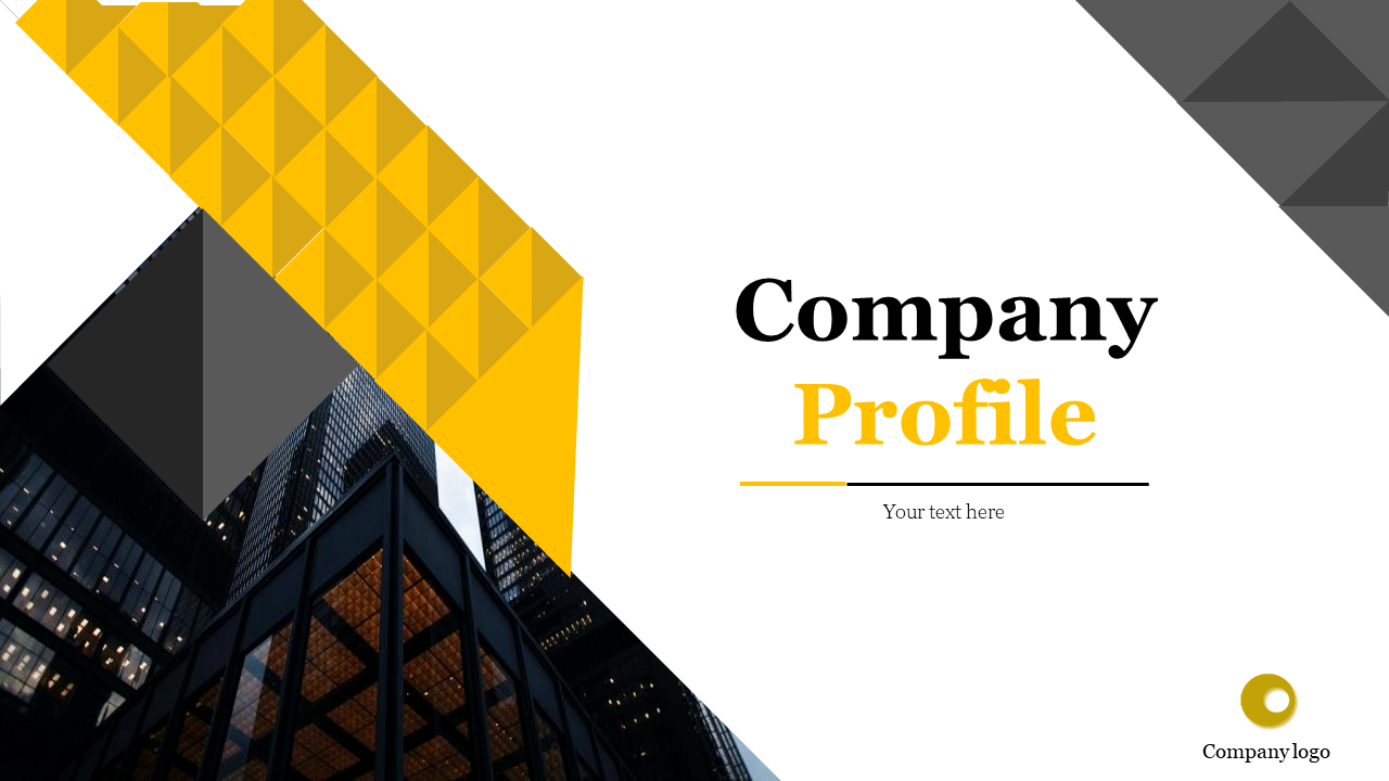 Slide deck showcasing company profile with geometric accents and content sections, framed by yellow and gray shapes.