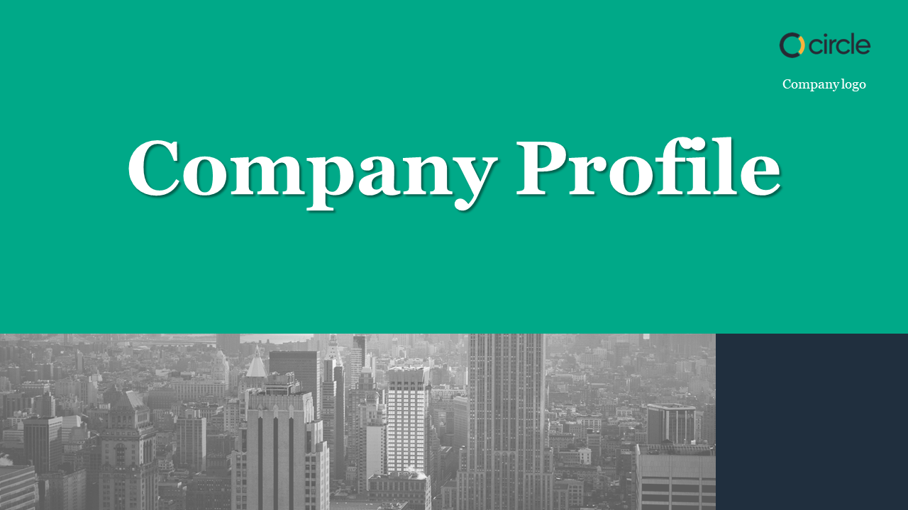 Company profile PowerPoint slides featuring a modern city skyline and detailed content layout.