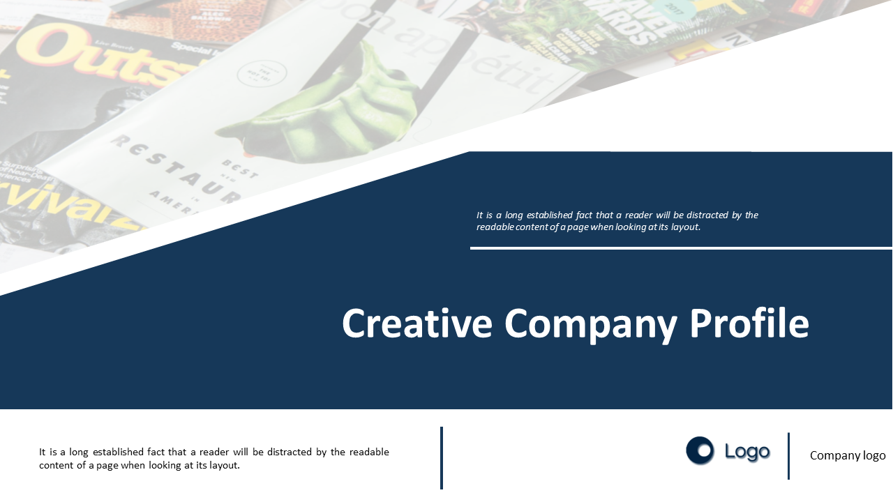 Company profile slide deck in blue theme, featuring business overview, future plans, management, and team members.