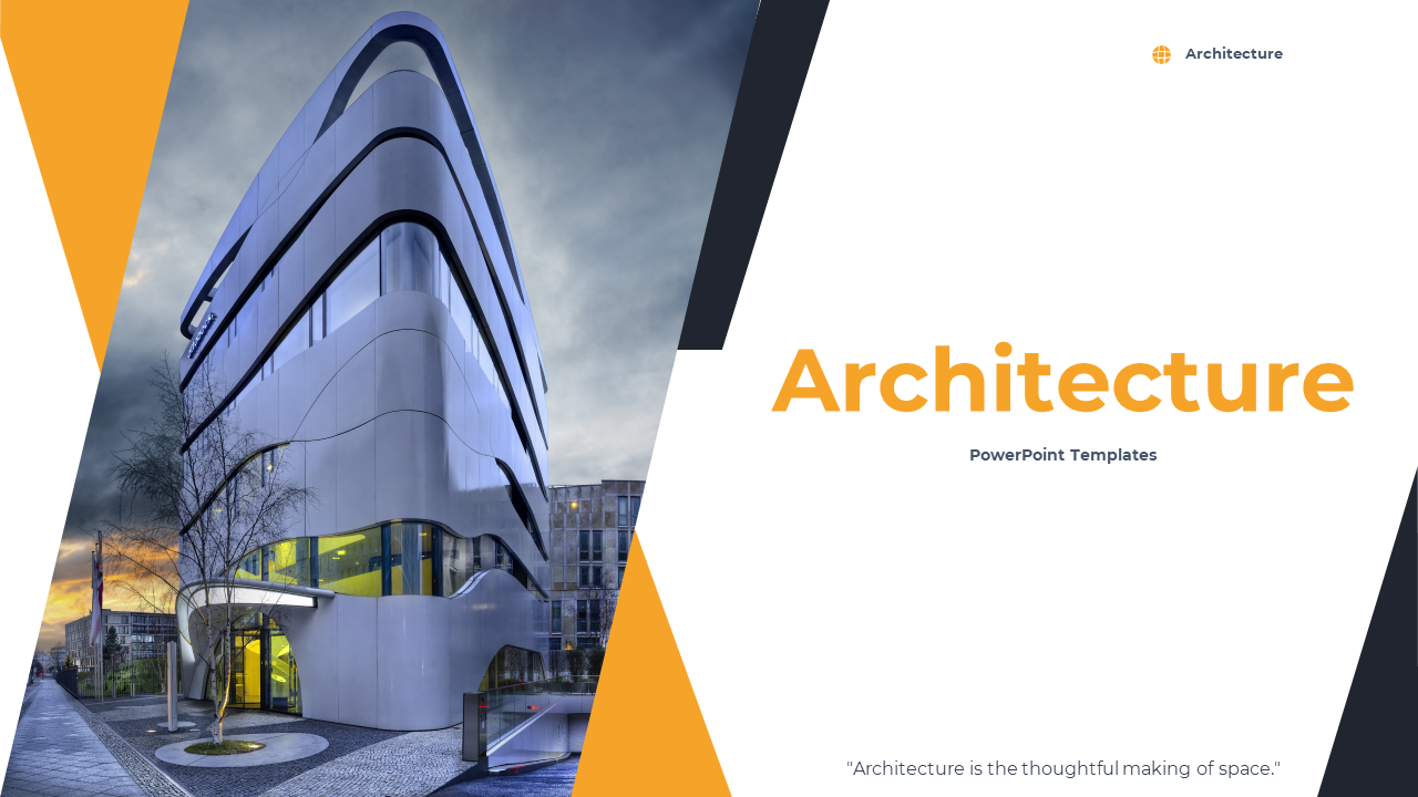 Slide deck emphasizing modern architecture with sleek building visuals showing its types and designs.