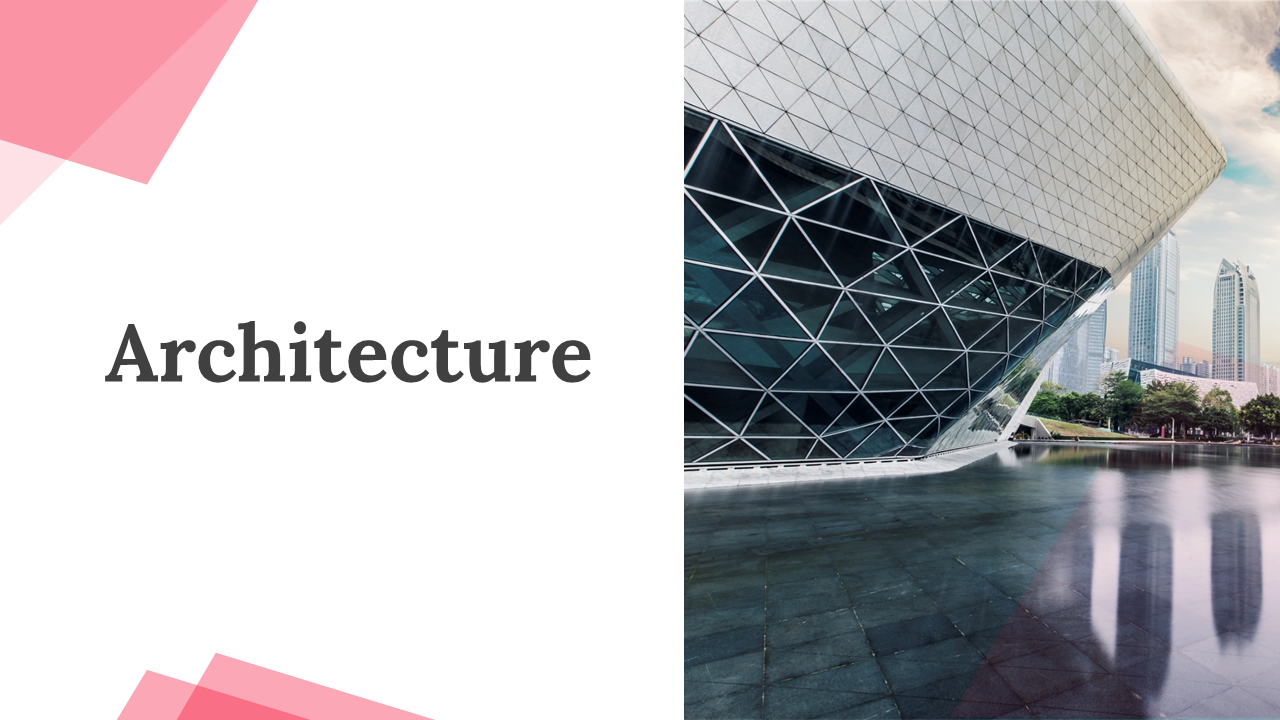 Slide deck with modern building images and sections on history, types, elements, and sustainable architecture.