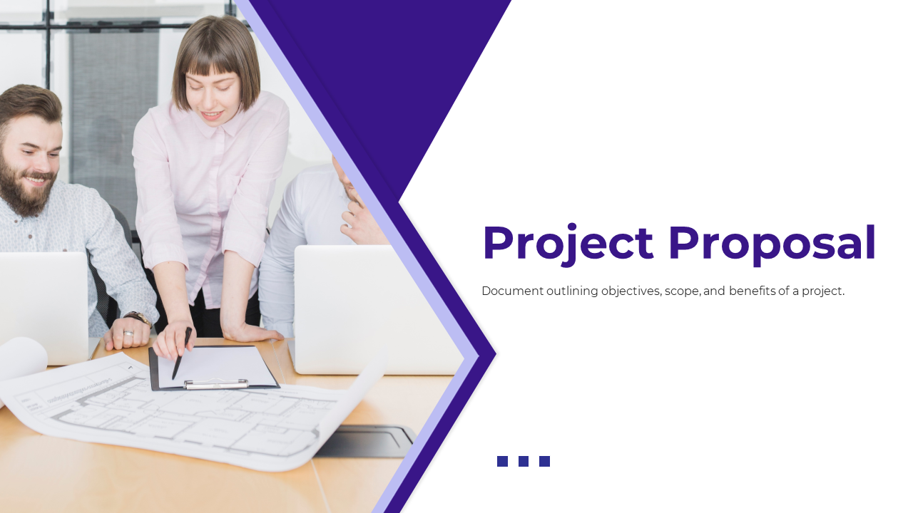 A project proposal slide featuring sections for objectives, pricing plans, and team information on a purple and white theme.