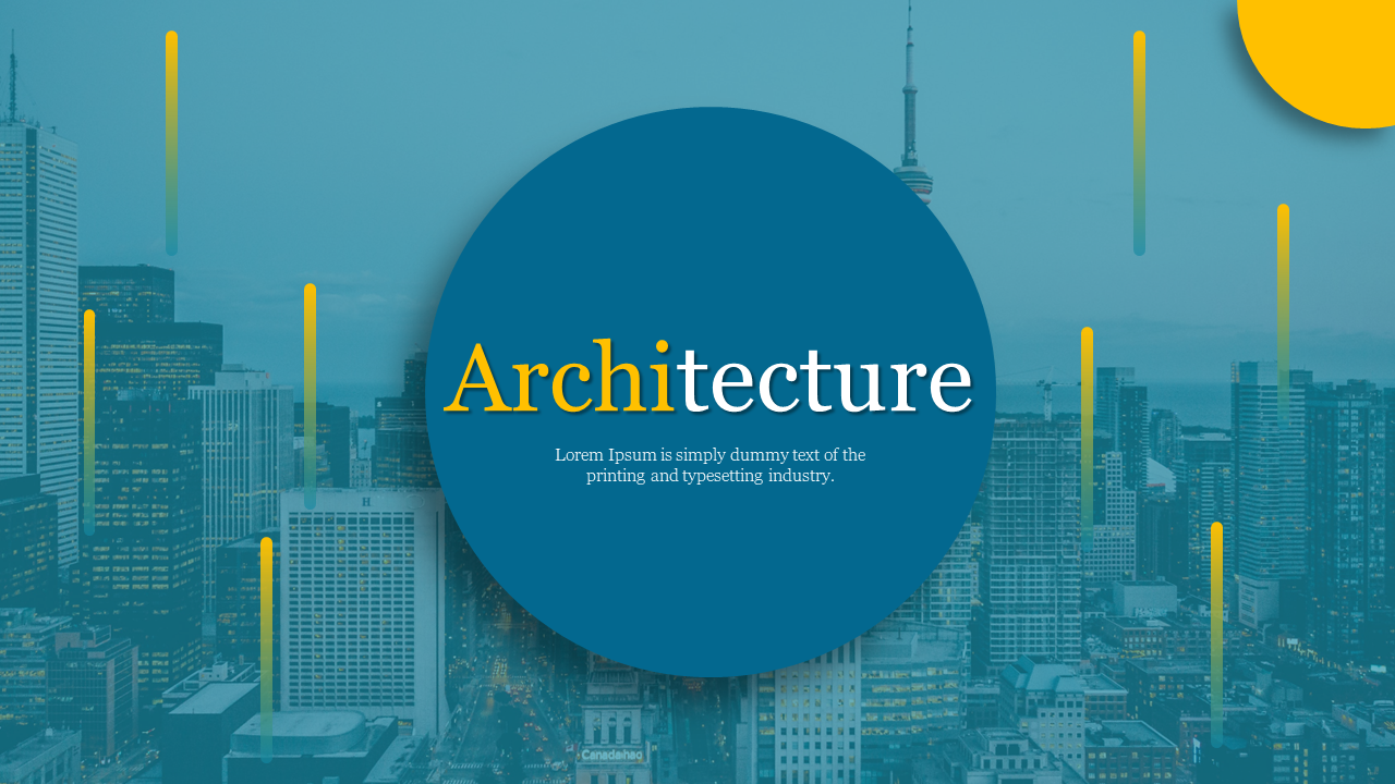 Architecture PowerPoint featuring a variety of slides for company profiles, services, history, and portfolio.