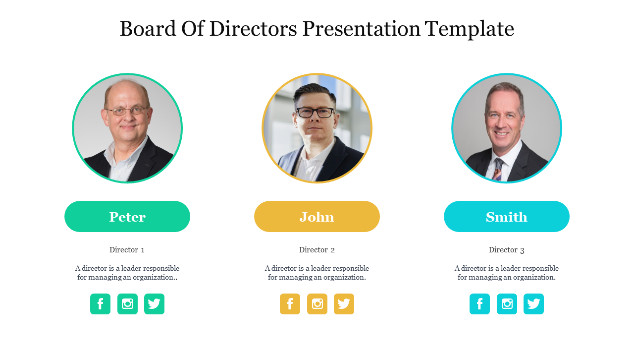 A pack of board of directors slides showcasing three directors with photos, names, and brief descriptions, along with icons.