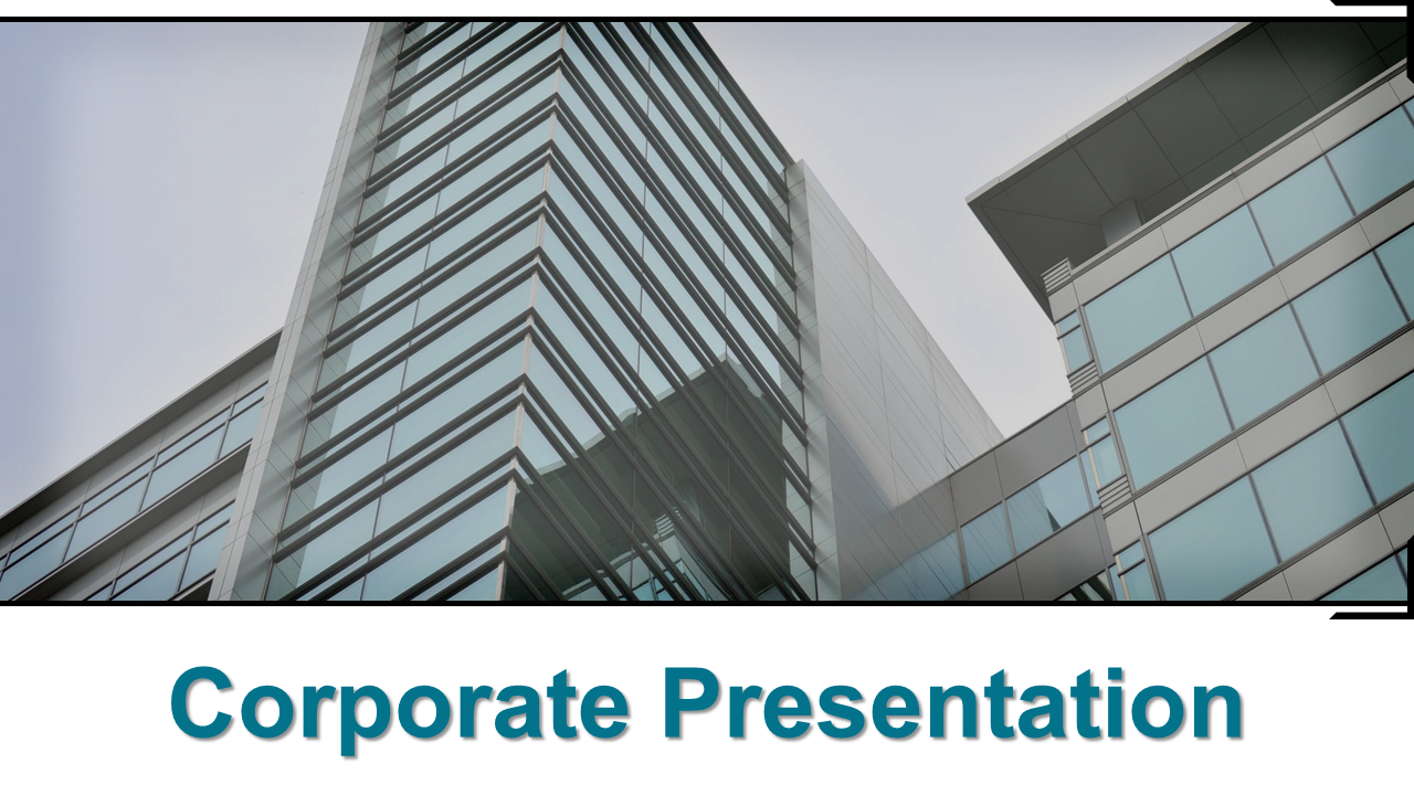 Corporate PowerPoint slides with sections on the company profile, team introduction, services, and creative projects.