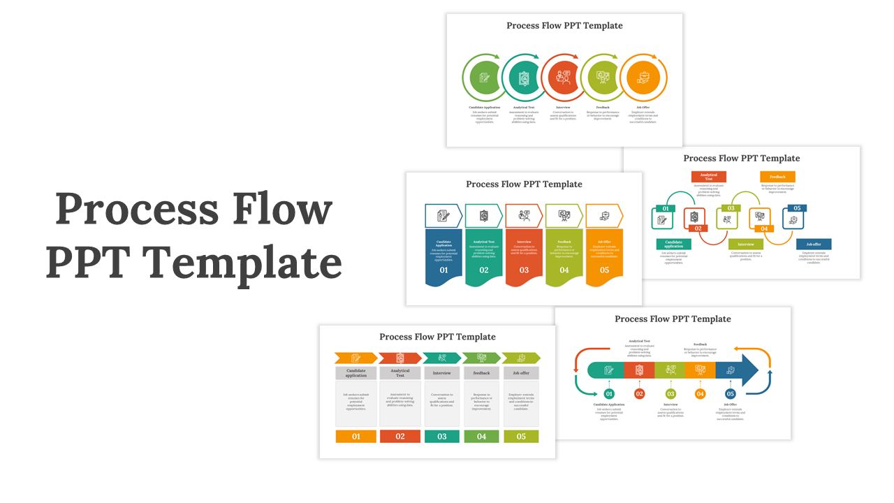 Collection of process flow slides showcasing different step by step diagram designs in various styles and colors.