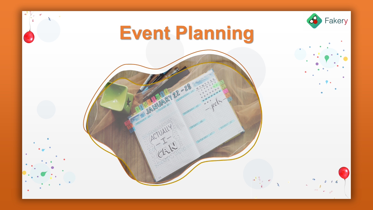 Event Planning slide deck with various sections, including agenda, goals, and event day details.