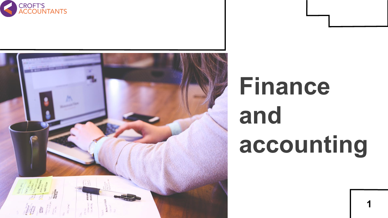 Finance and accounting slide deck with an image of a laptop, notes, and coffee cup on a desk, with text on the right.