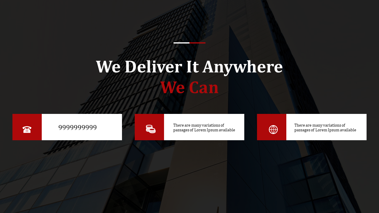 Red and black themed logistics presentation with multiple slides displaying services, mission, pricing, and contact details.