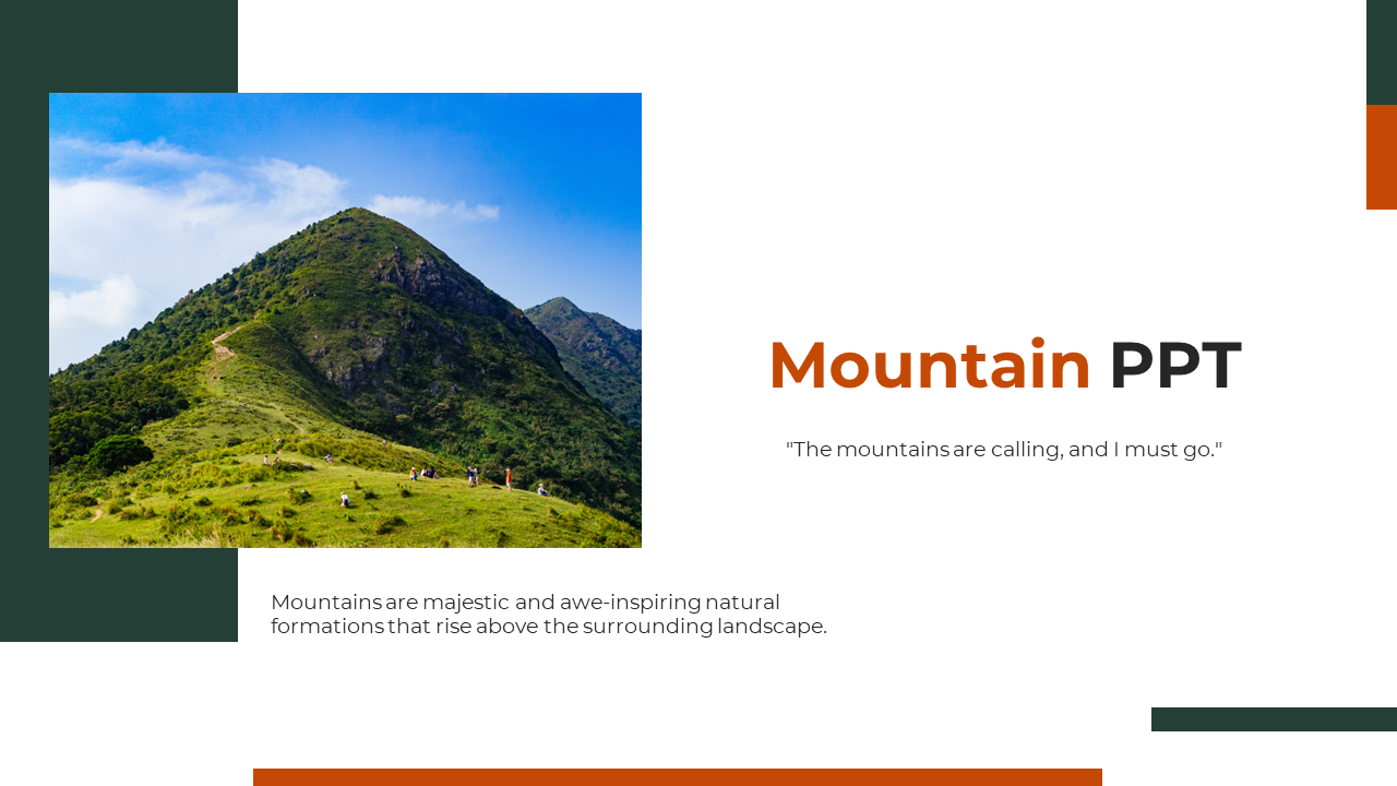 Slide deck showcasing major global mountain ranges with landscape photos, in green and orange accents.