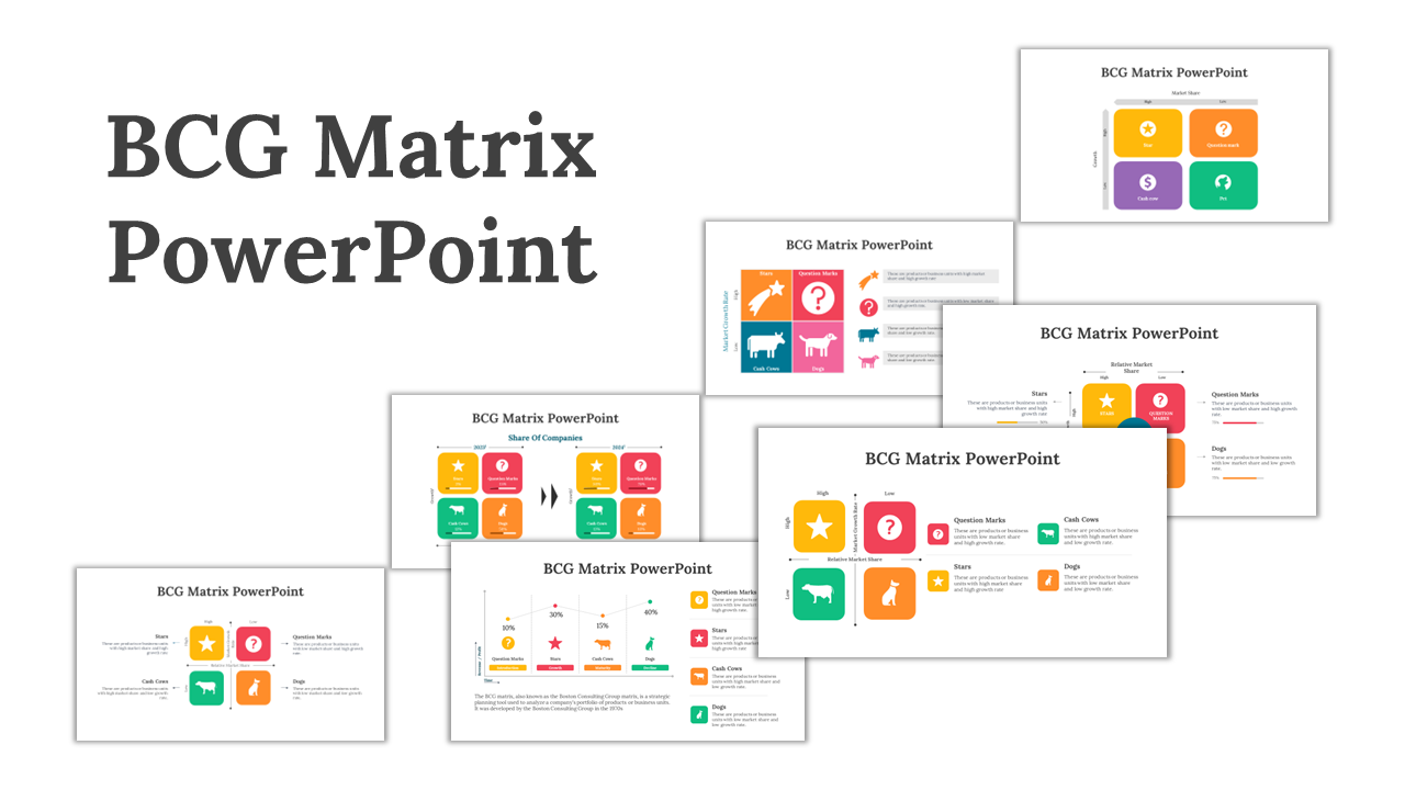 Slide deck featuring BCG matrix layouts in bright colors, including icons and categorized business growth stages.