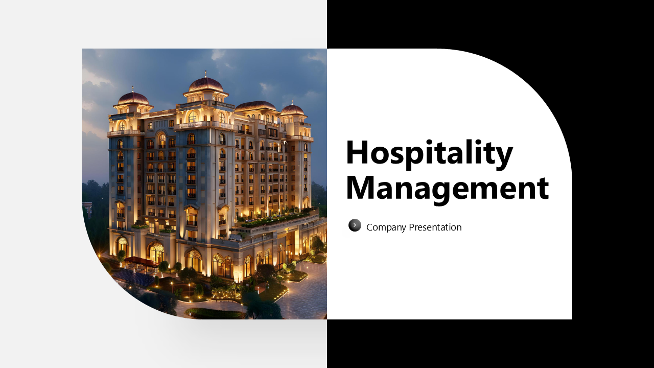 Company presentation slides for hospitality industry, with visuals for mission, services, growth strategies, and financials.