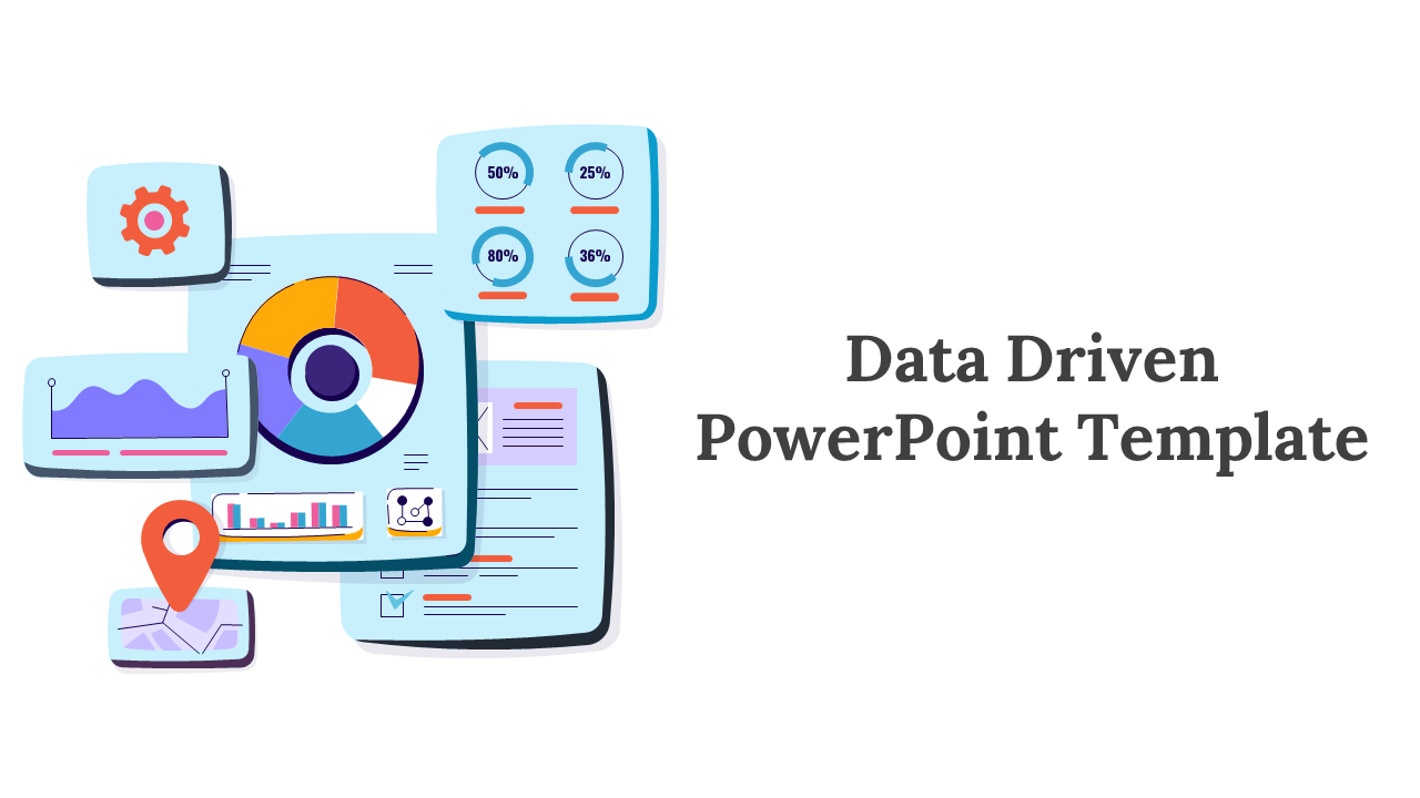 Data driven slides featuring various data visualizations, including charts and graphs with different colored layout designs.