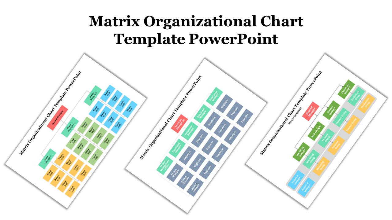 Set of matrix charts showcasing a clear organizational structure with color coded rows for teams and management.