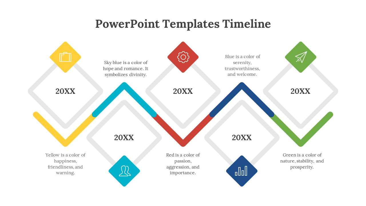 Timeline slide pack with colored diamonds and arrows in yellow, red, blue, and green, showcasing various year layouts.