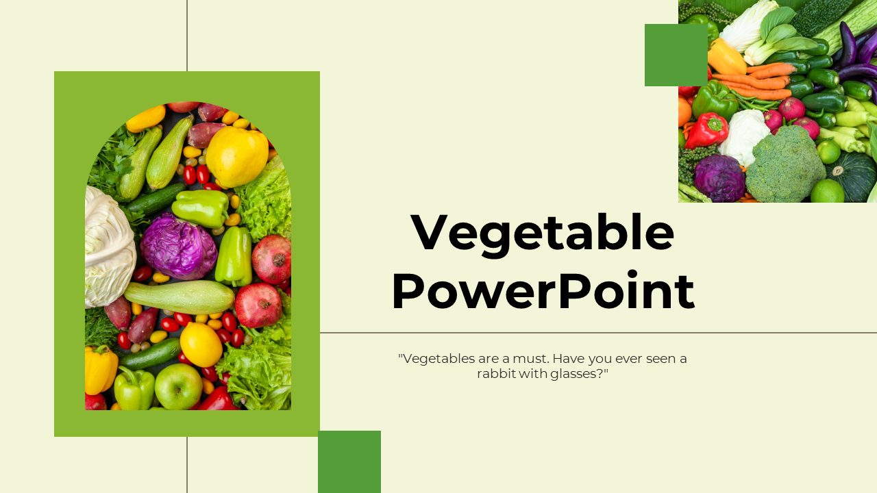 Colorful vegetable slide deck with sections on health benefits, culinary uses, and sustainable farming.