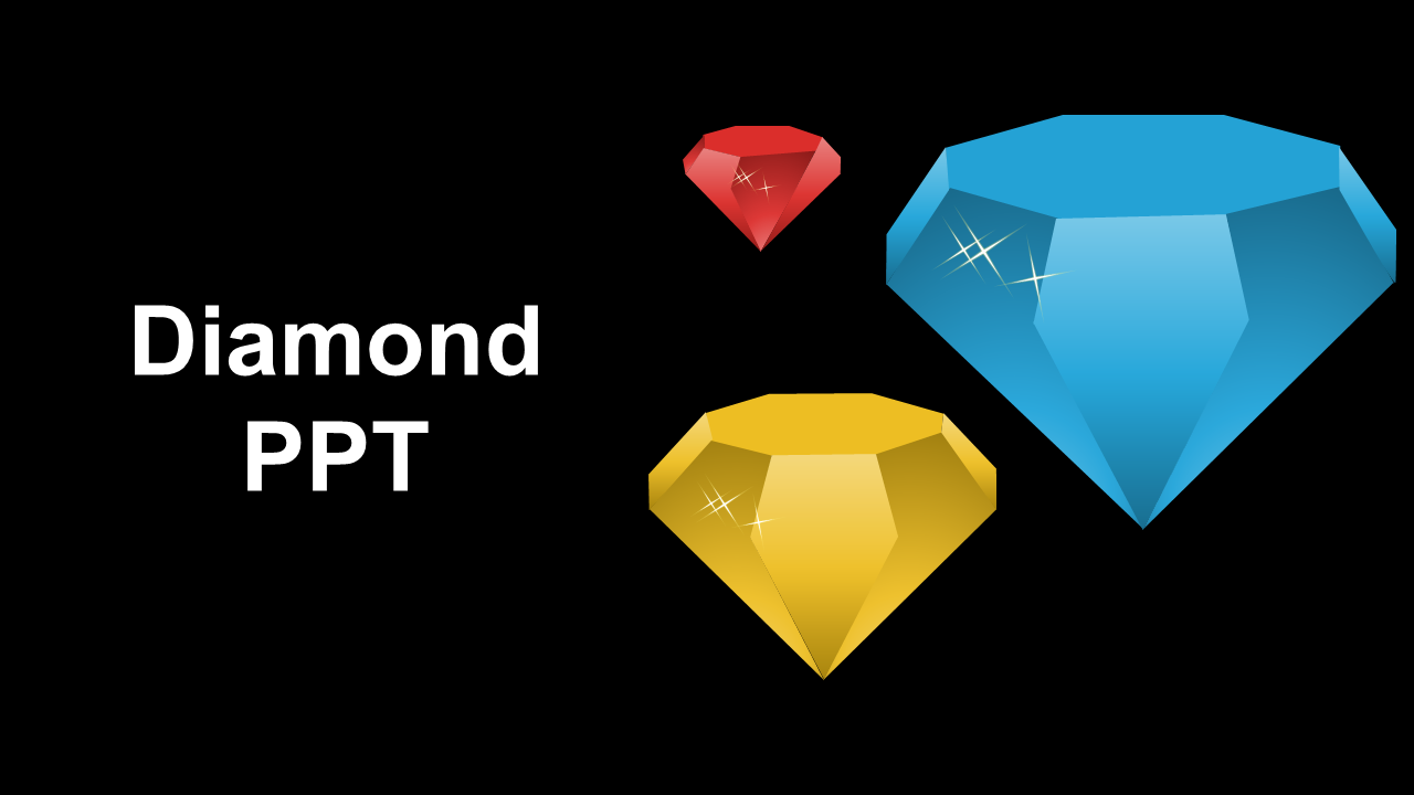 Slide deck with diamond theme featuring colorful gemstones, charts, and captions on black and white backgrounds.