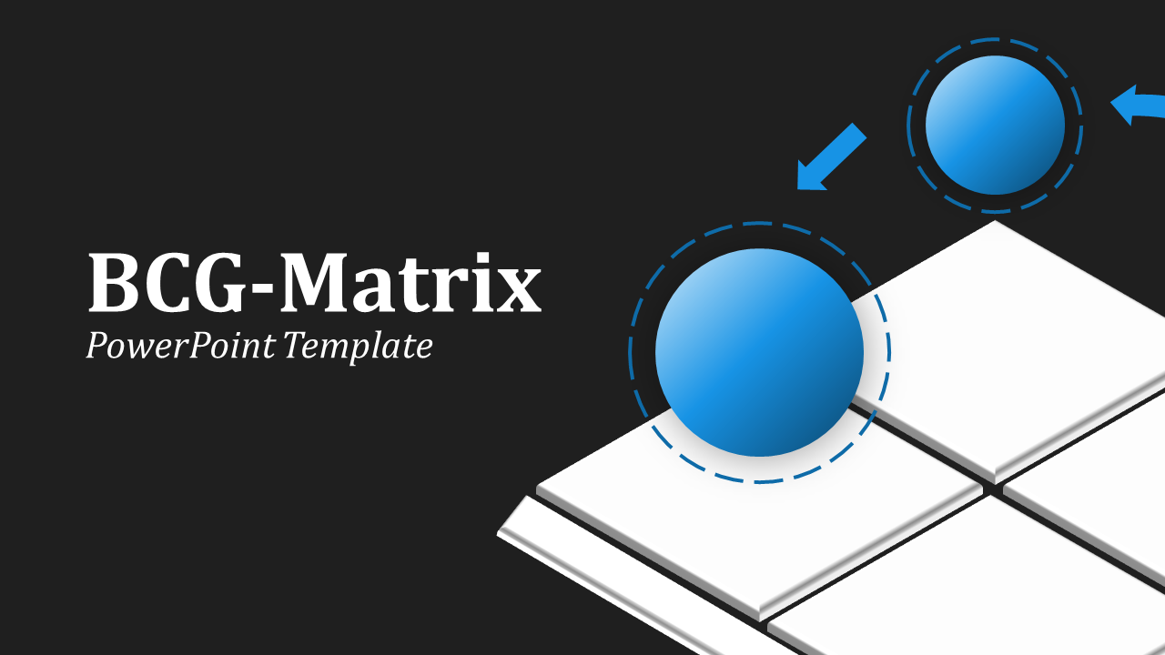 Slide deck illustrating the BCG matrix concept with 3D graphics, icons, and text placeholders in blue and gray colors.