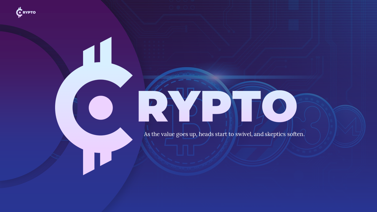 Cryptocurrency slide deck in purple and blue theme, covering history, blockchain, mining, trading, and regulation.