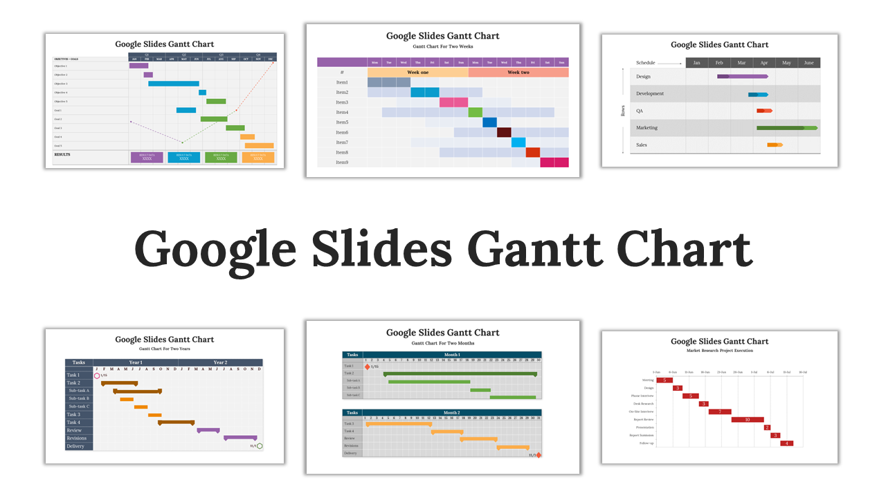 Gantt chart slide deck with colorful bars showing project schedules, tasks, and deadlines over weekly and monthly timelines.