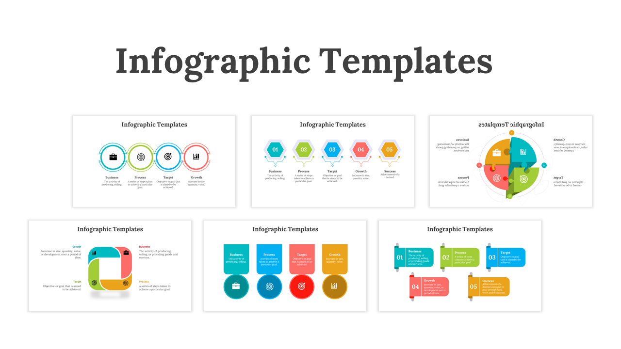 Slide deck featuring a collection of six infographic templates, each with unique designs and icons, arranged in a grid.