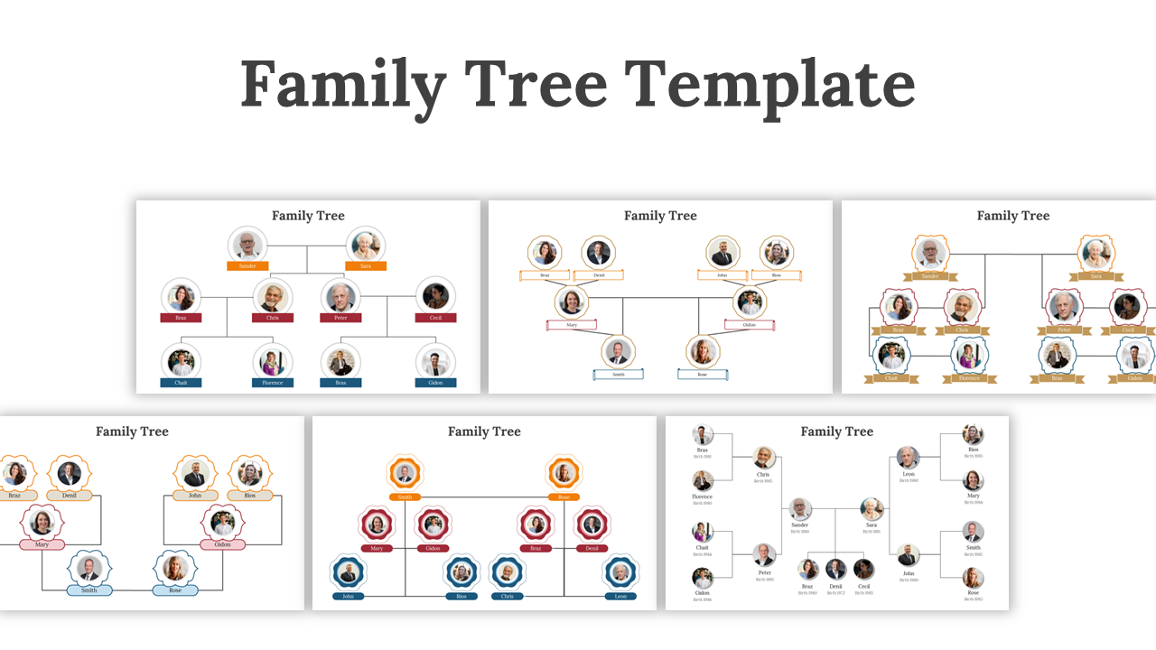 A collection of colorful family tree slides with multiple layouts, showing family member icons arranged across generations.