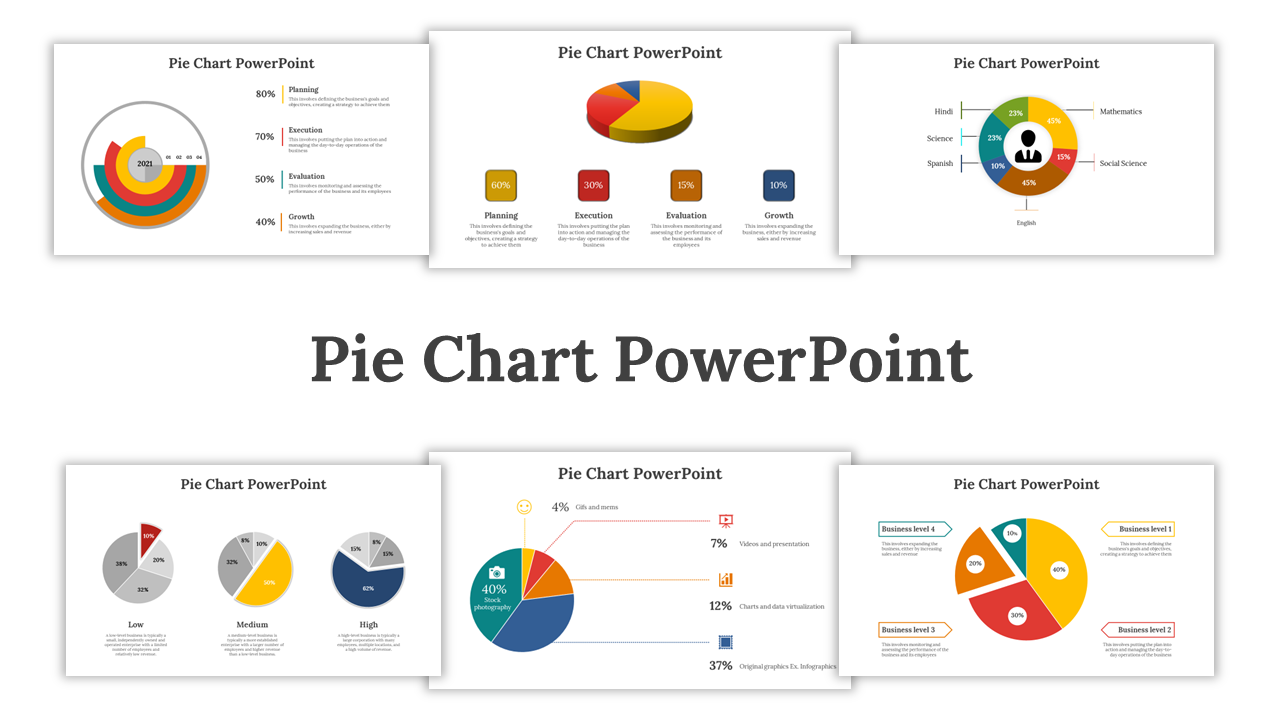 Multi-color pie chart slide deck showing data segments in various shades, each section labelled for visual comparison.