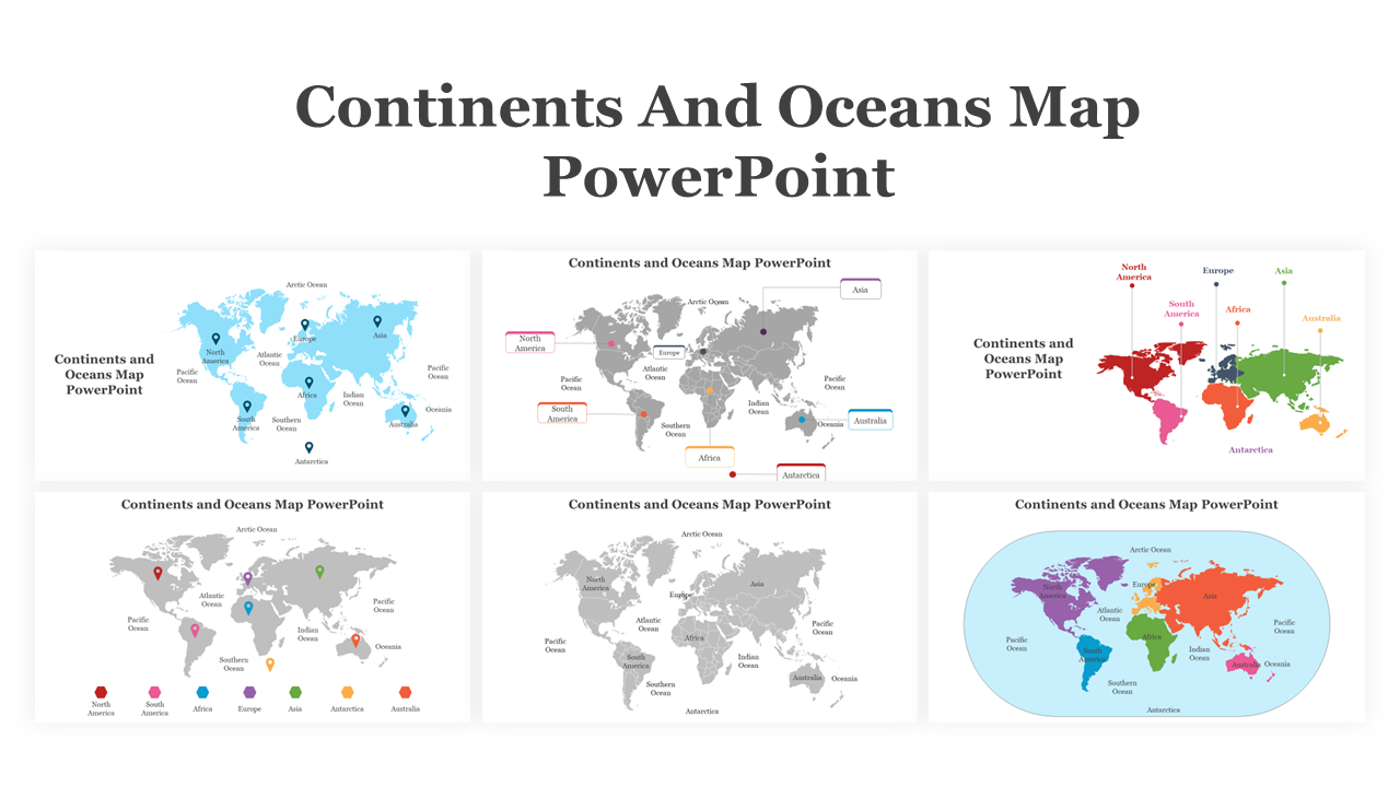 Collection of PowerPoint slides showcasing maps of continents and oceans, with labeled countries and regions.