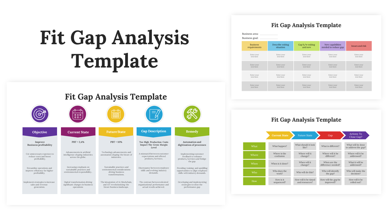 A pack of fit gap analysis slides displaying four main categories in different colorful layout designs with icons and text.