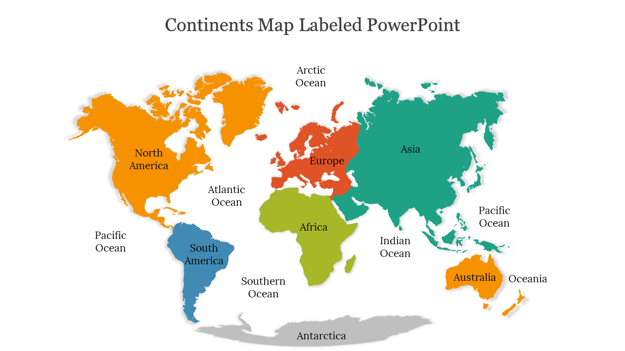 A colorful world map slides labeled with continents along with the surrounding oceans.